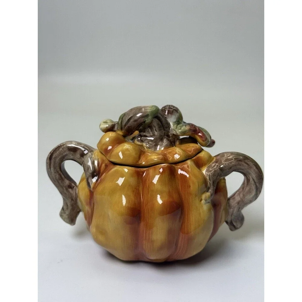 Vintage Ceramic Pumpkin Patch Sugar Bowl Creamer Set Fall Harvest 1990s